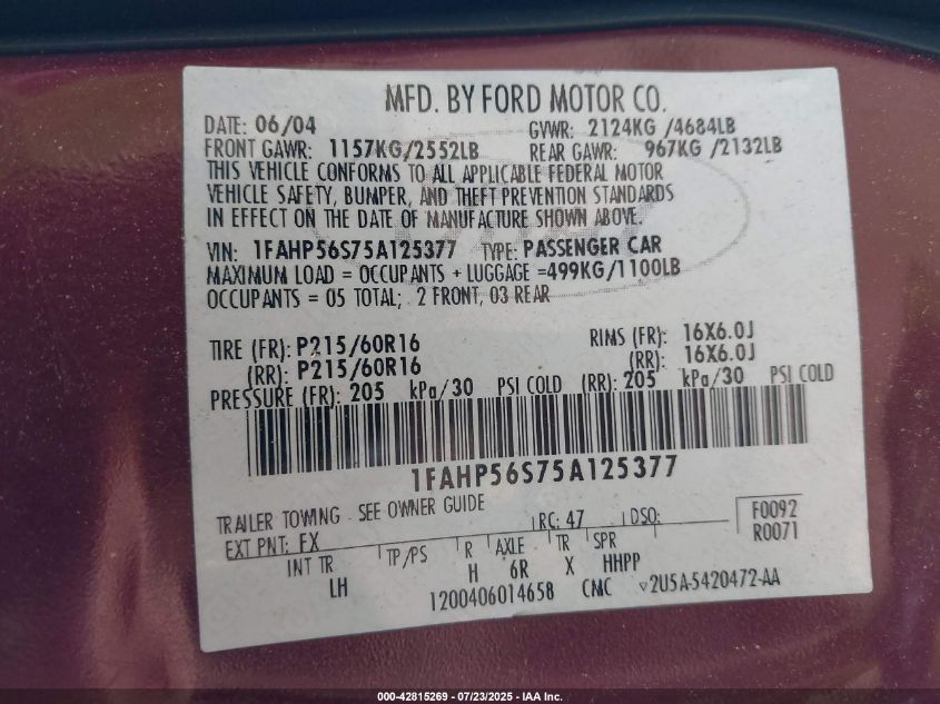 2005 Ford Taurus Sel VIN: 1FAHP56S75A125377 Lot: 42815269