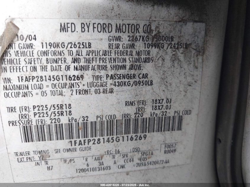 2005 Ford Five Hundred Limited VIN: 1FAFP28145G116269 Lot: 42815320