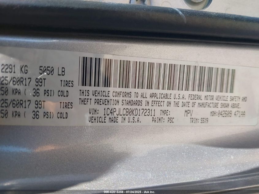 2019 Jeep Cherokee Latitude Fwd VIN: 1C4PJLCB0KD172311 Lot: 42815356