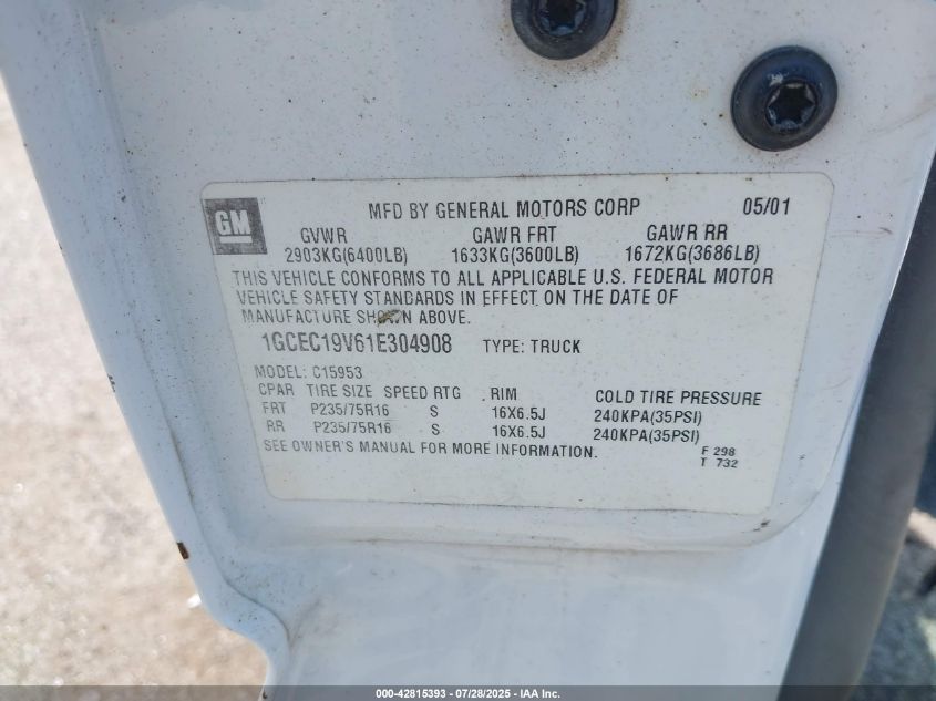 2001 Chevrolet Silverado 1500 VIN: 1GCEC19V61E304908 Lot: 42815393