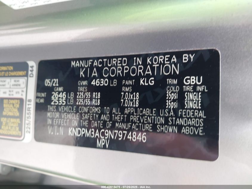 2022 Kia Sportage Lx VIN: KNDPM3AC9N7974846 Lot: 42815475