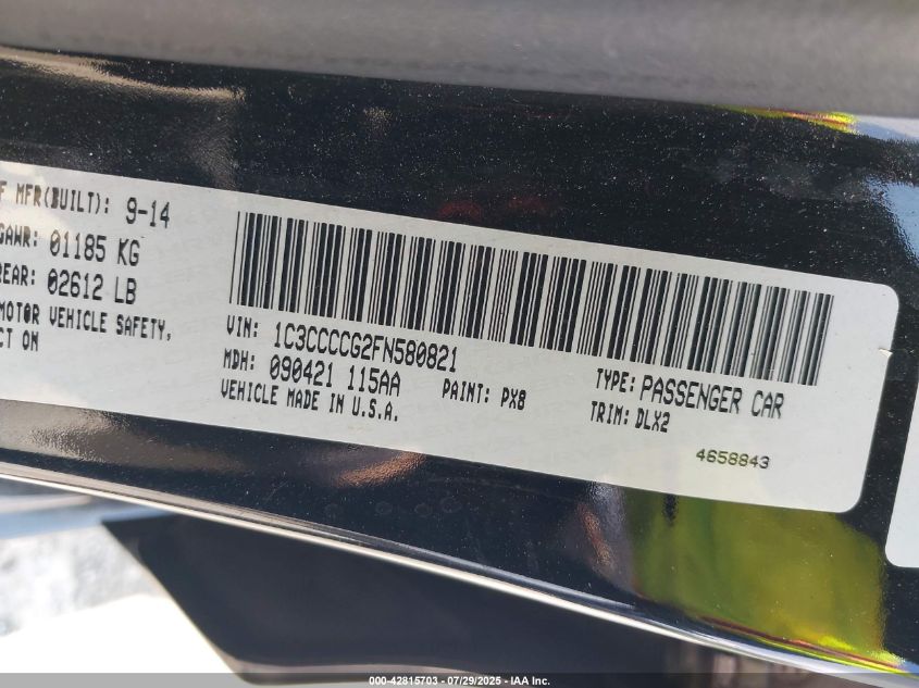 2015 Chrysler 200 C VIN: 1C3CCCCG2FN580821 Lot: 42815703