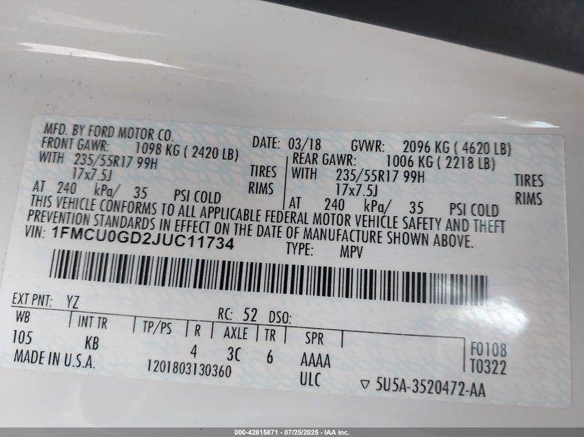VIN 1FMCU0GD2JUC11734 2018 FORD ESCAPE SE