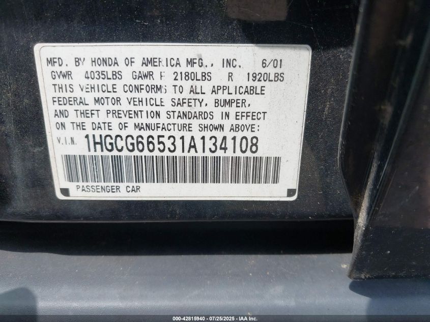 2001 Honda Accord 2.3 Lx VIN: 1HGCG66531A134108 Lot: 42815940