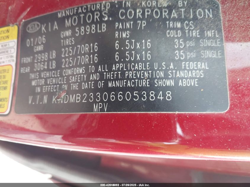2006 Kia Sedona Ex/Lx VIN: KNDMB233066053848 Lot: 42816002