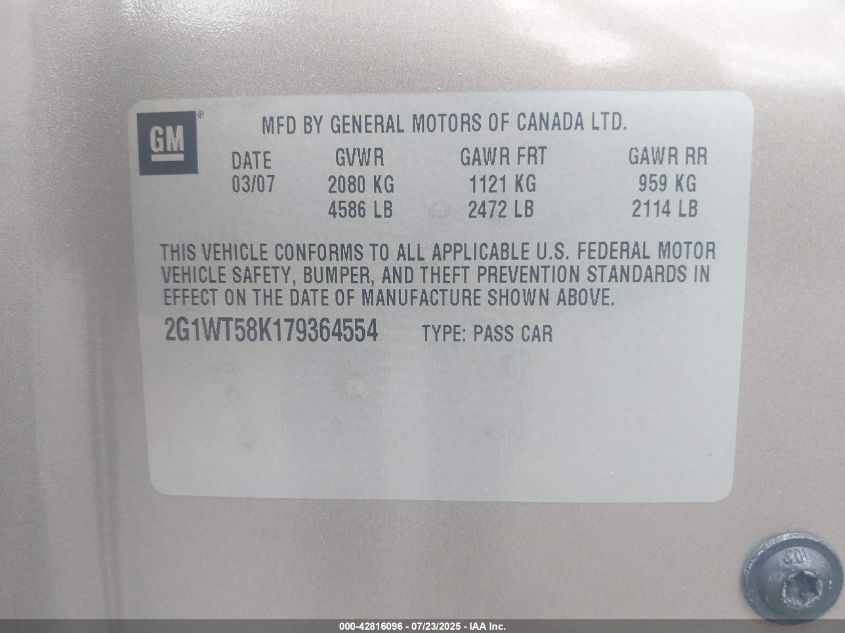 2007 Chevrolet Impala Lt VIN: 2G1WT58K379364555 Lot: 42816096