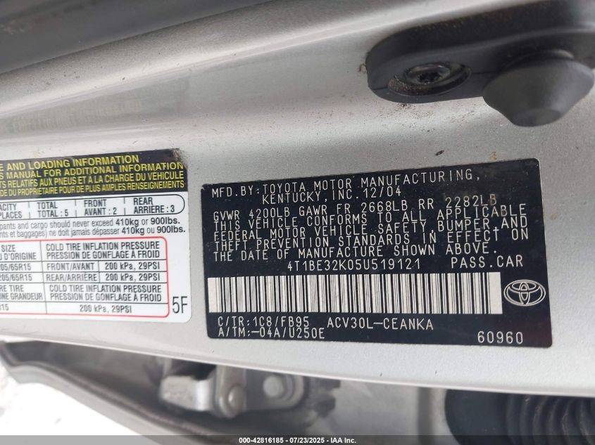 2005 Toyota Camry Le VIN: 4T1BE32K05U519121 Lot: 42816185