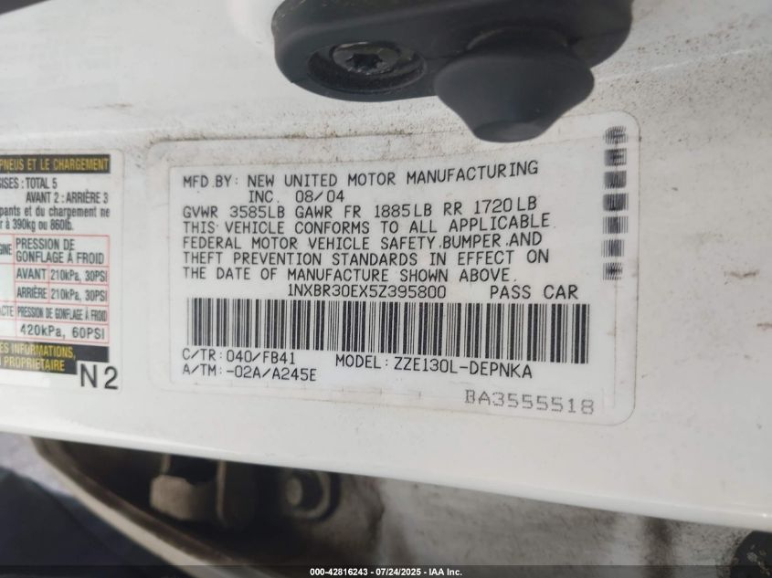 2005 Toyota Corolla Le VIN: 1NXBR30EX5Z395800 Lot: 42816243