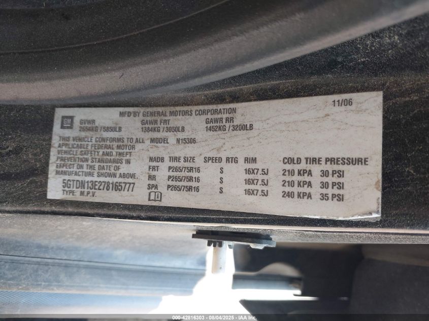 2007 Hummer H3 Suv VIN: 5GTDN13E278165777 Lot: 42816303