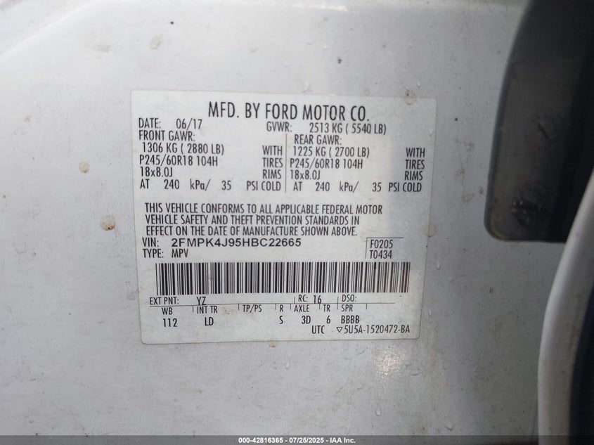 2FMPK4J95HBC22665 2017 Ford Edge 2.0 SEL White
