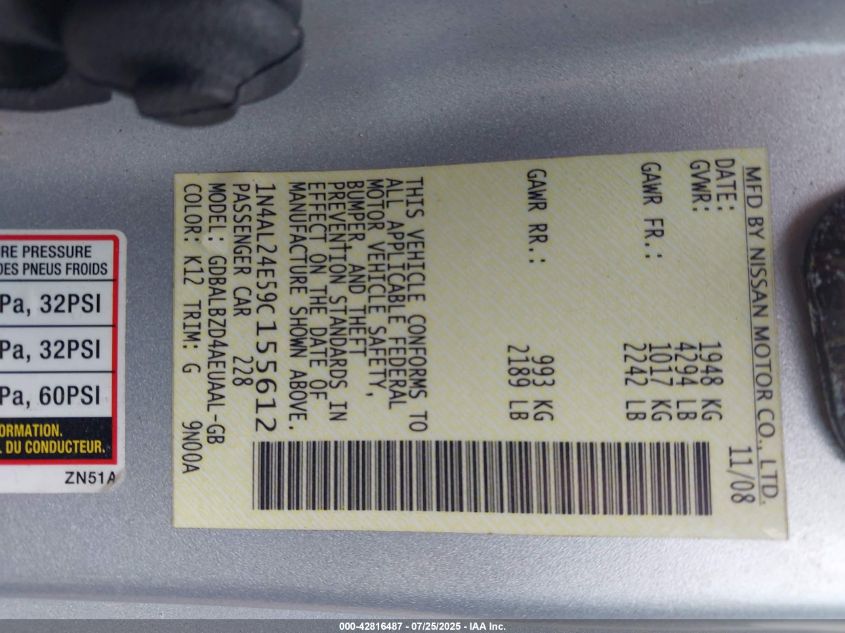 2009 Nissan Altima 2.5 S VIN: 1N4AL24E59C155612 Lot: 42816487