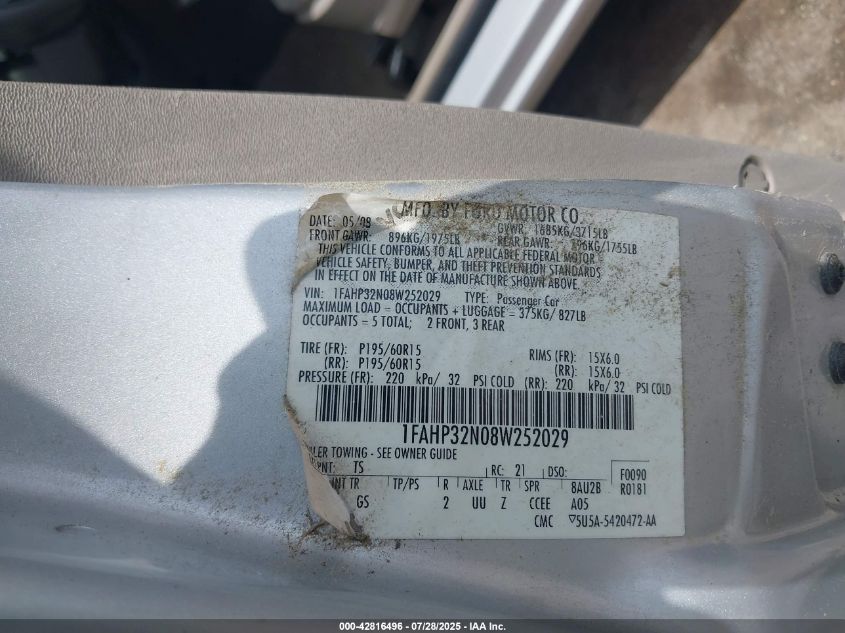 2008 Ford Focus S VIN: 1FAHP32N08W252029 Lot: 42816496