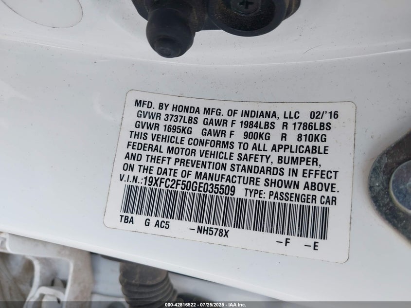 2016 HONDA CIVIC LX - 19XFC2F50GE035509