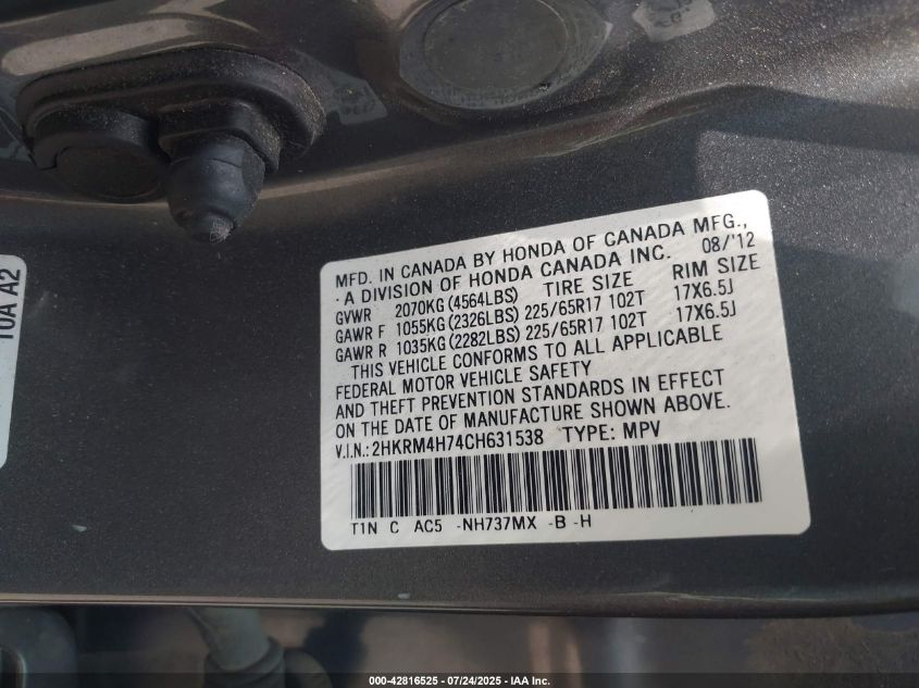 2012 Honda Cr-V Ex-L VIN: 2HKRM4H74CH631538 Lot: 42816525