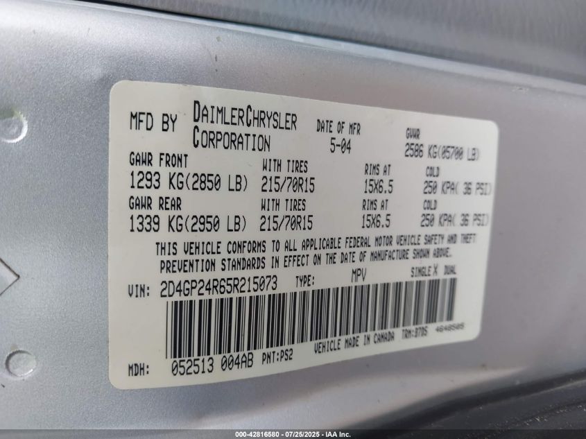 2005 Dodge Grand Caravan Se VIN: 2D4GP24R65R215073 Lot: 42816580