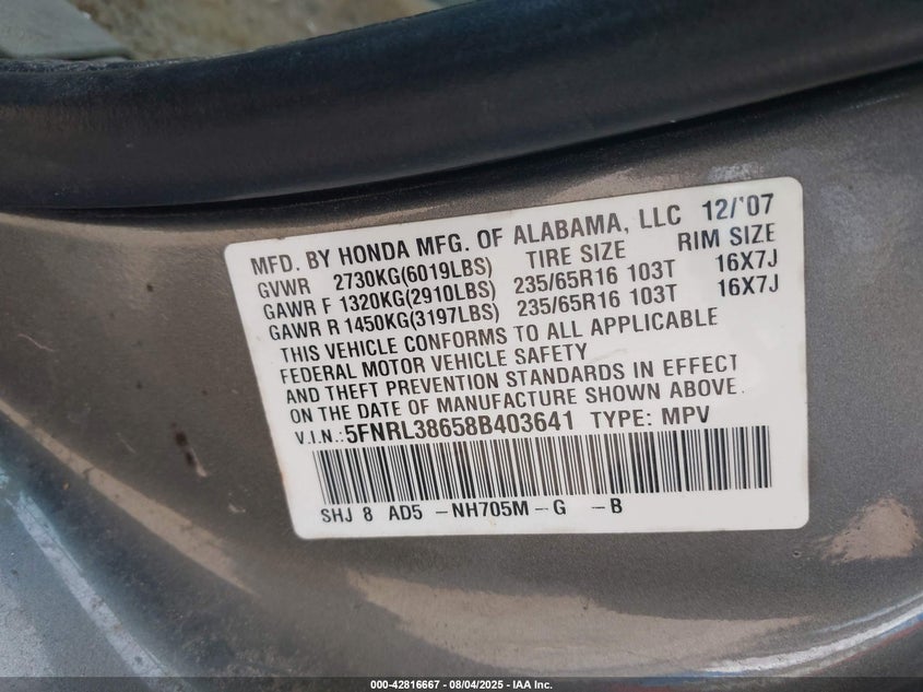 2008 Honda Odyssey Ex-L VIN: 5FNRL38658B403641 Lot: 42816667