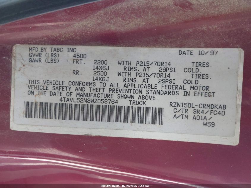 1998 Toyota Tacoma VIN: 4TAVL52N8WZ058764 Lot: 42816685