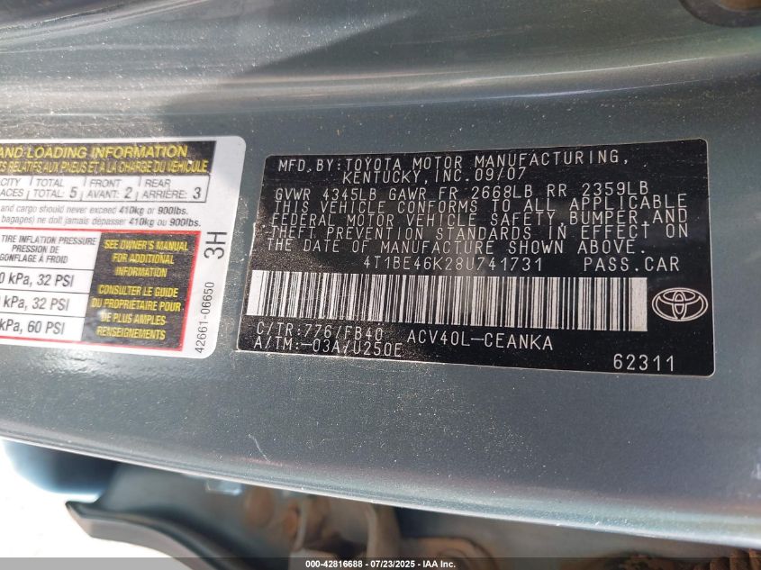 2008 Toyota Camry Le VIN: 4T1BE46K28U741731 Lot: 42816688