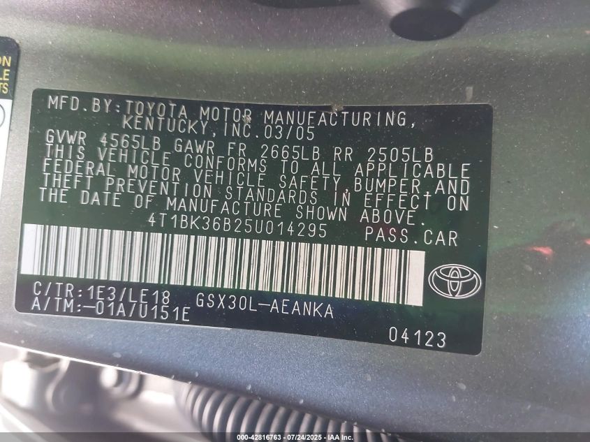 2005 Toyota Avalon Touring VIN: 4T1BK36B25U014295 Lot: 42816763