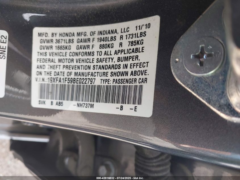 2011 Honda Civic Lx VIN: 19XFA1F59BE022797 Lot: 42816832