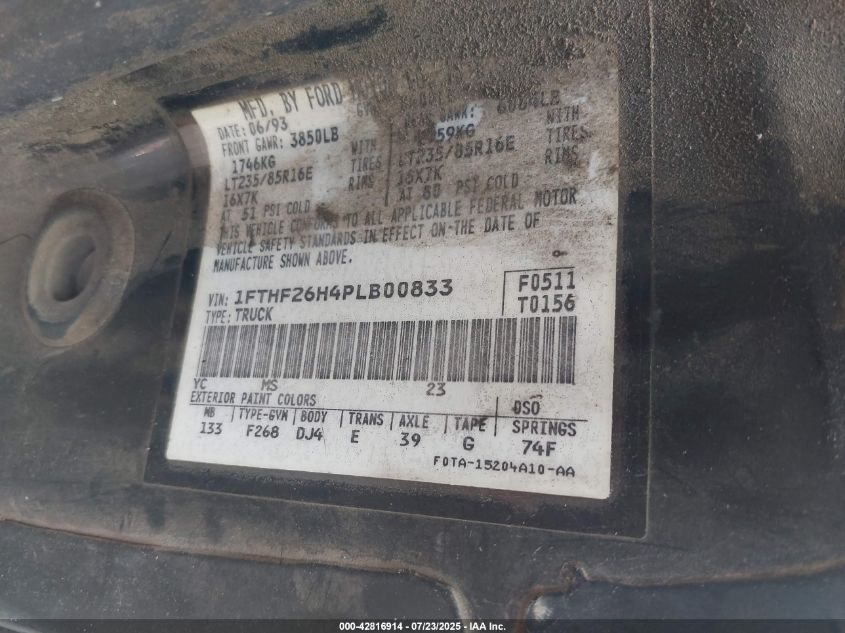 1993 Ford F250 VIN: 1FTHF26H4PLB00833 Lot: 42816914