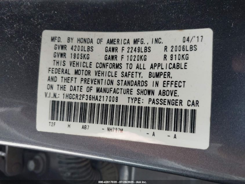 2017 HONDA ACCORD LX 1HGCR2F36HA217009