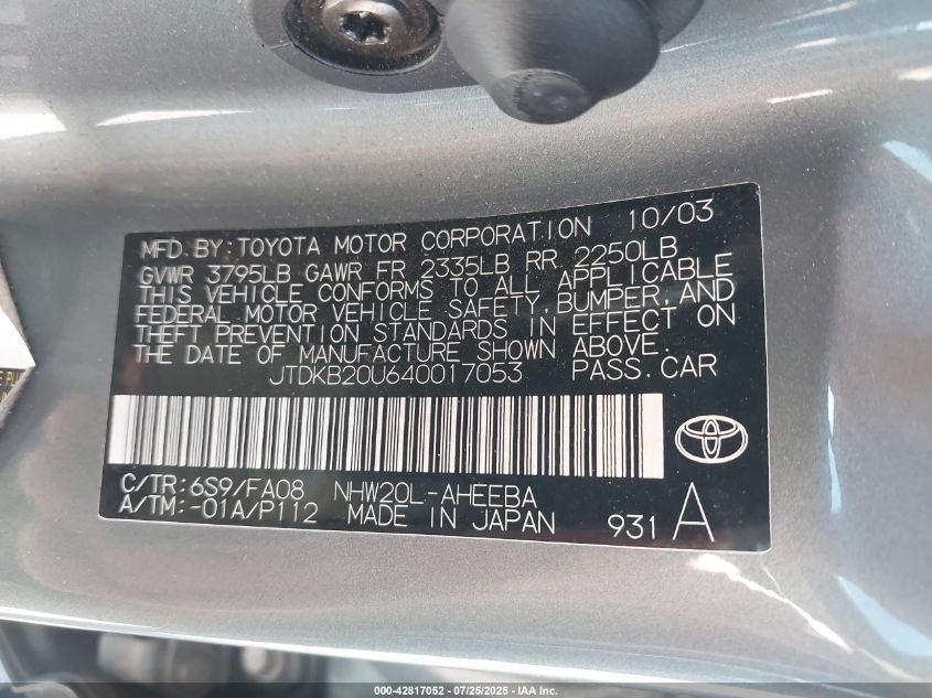 2004 Toyota Prius VIN: JTDKB20U640017053 Lot: 42817052