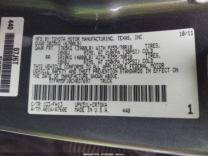2012 Toyota Tundra Grade 4.6L V8 VIN: 5TFRM5F10CX037697 Lot: 42817279