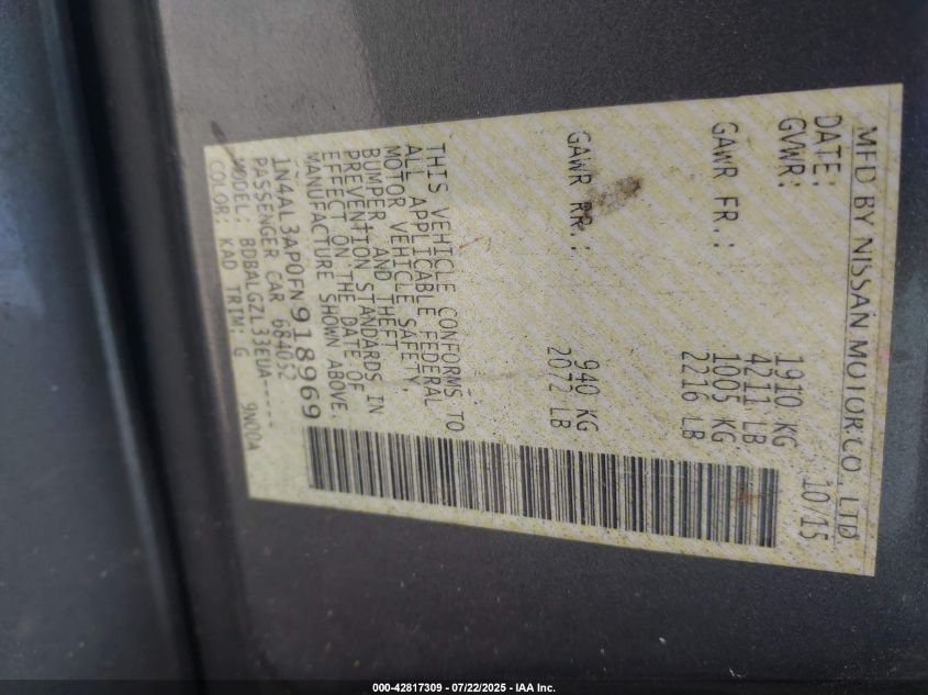 2015 Nissan Altima 2.5/2.5 S/2.5 Sl/2.5 Sv VIN: 1N4AL3AP0FN918969 Lot: 42817309