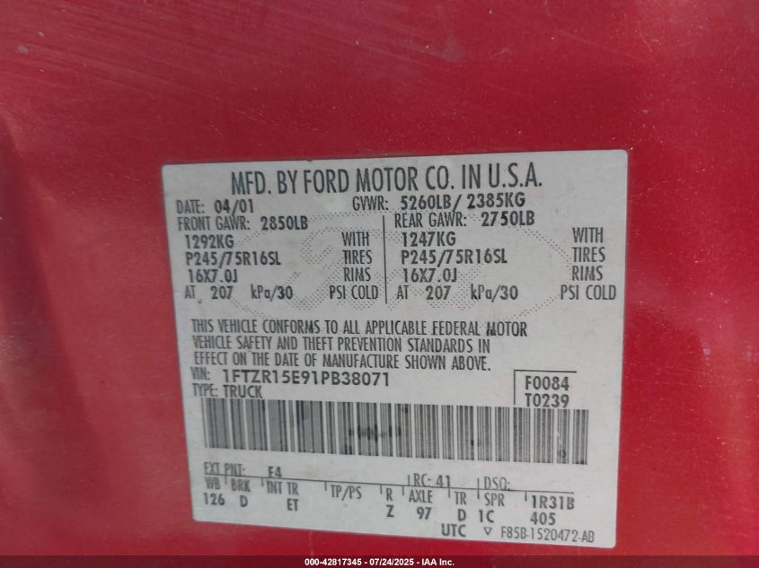 2001 Ford Ranger Edge/Xlt VIN: 1FTZR15E91PB38071 Lot: 42817345