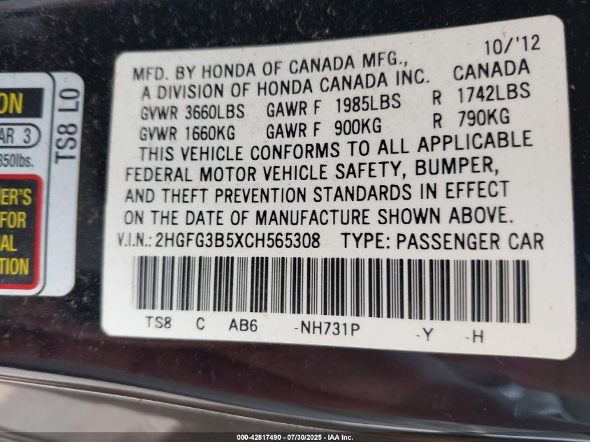 2012 Honda Civic Lx VIN: 2HGFG3B5XCH565308 Lot: 42817490