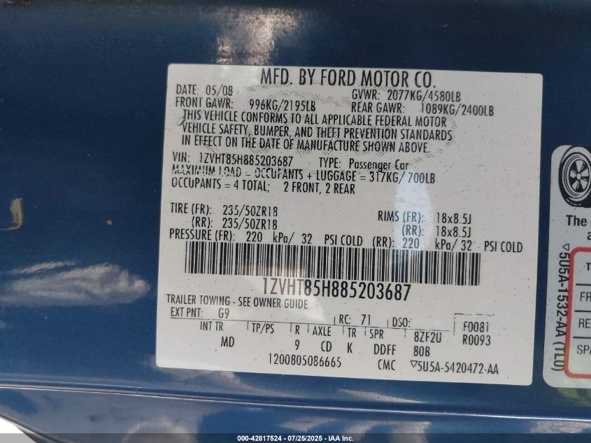 2008 Ford Mustang Gt Deluxe/Gt Premium VIN: 1ZVHT85H885203687 Lot: 42817524