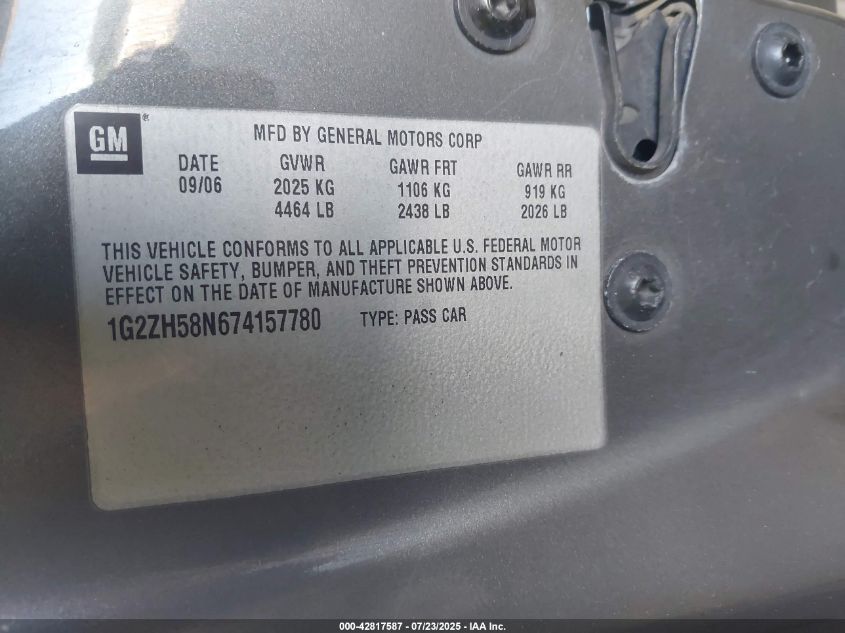 2007 Pontiac G6 Gt VIN: 1G2ZH58N674157780 Lot: 43413208