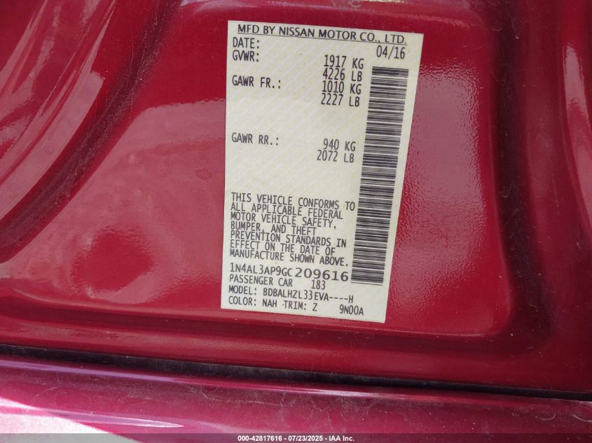 2016 Nissan Altima 2.5 Sr VIN: 1N4AL3AP9GC209616 Lot: 42817616