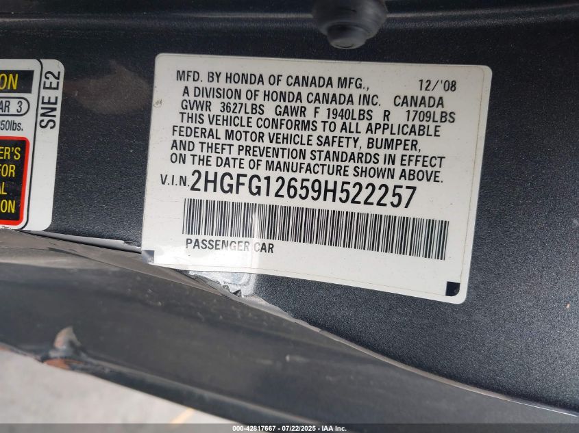 2009 Honda Civic Lx VIN: 2HGFG12659H522257 Lot: 42817667