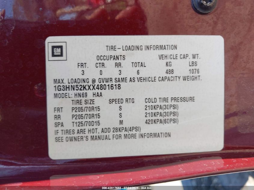 1999 Oldsmobile Eighty-Eight Ls VIN: 1G3HN52KXX4801618 Lot: 42817668