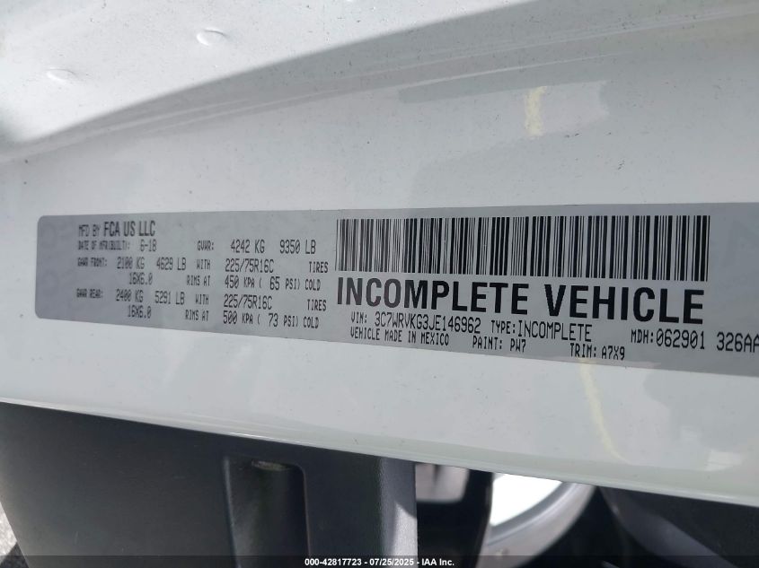 2018 Ram Promaster 3500 Cutaway Low Roof VIN: 3C7WRVKG3JE146962 Lot: 42817723