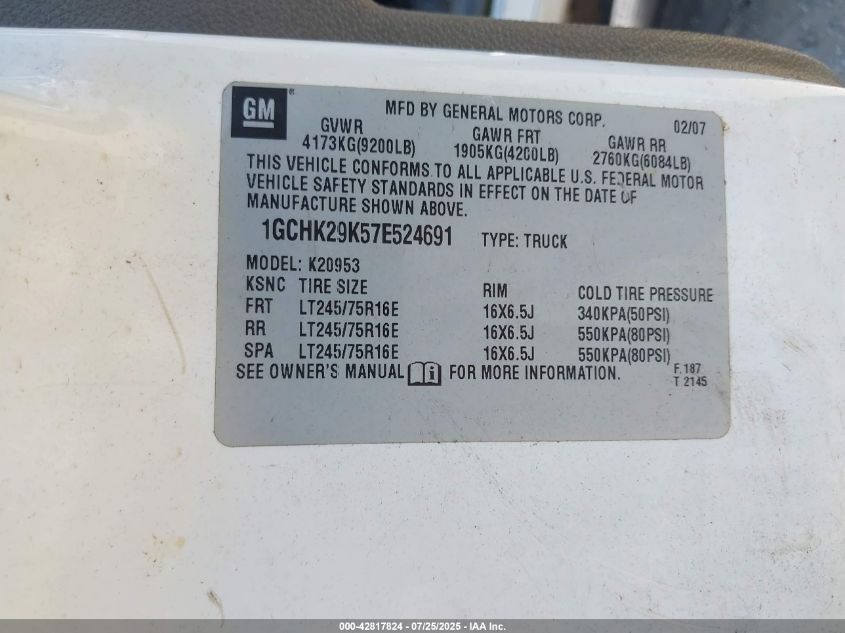 2007 Chevrolet Silverado 2500Hd Work Truck VIN: 1GCHK29K57E524691 Lot: 42817824