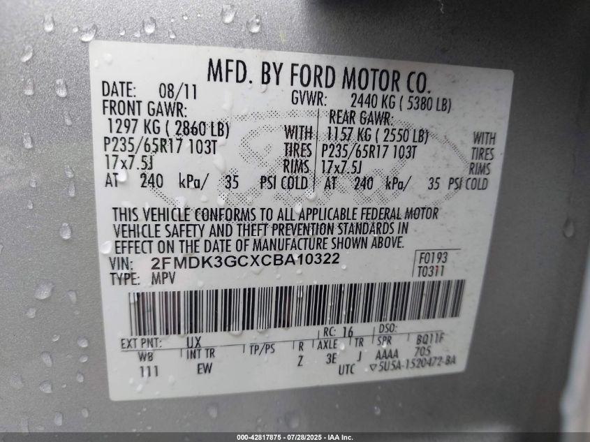 2012 Ford Edge Se VIN: 2FMDK3GCXCBA10322 Lot: 42817875