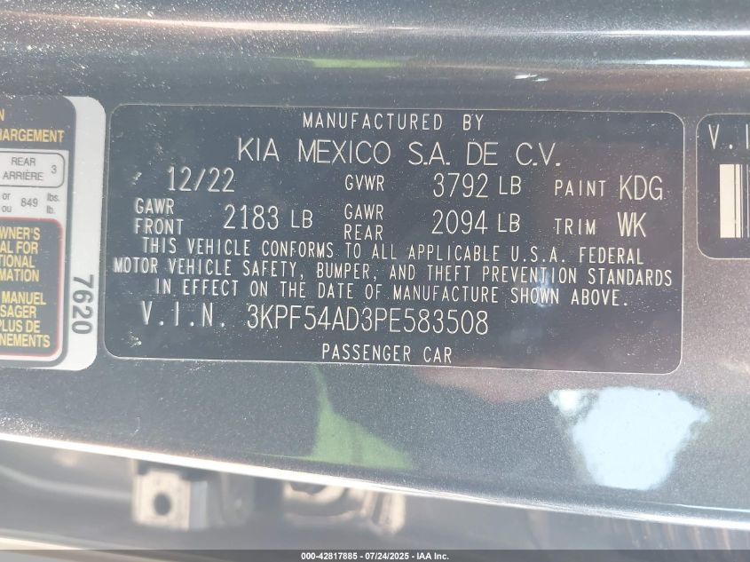 2023 Kia Forte Gt-Line VIN: 3KPF54AD3PE583508 Lot: 42817885