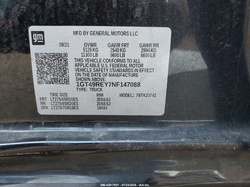 2022 GMC Sierra 2500Hd 4Wd Standard Bed Denali VIN: 1GT49REY7NF147088 Lot: 42817937