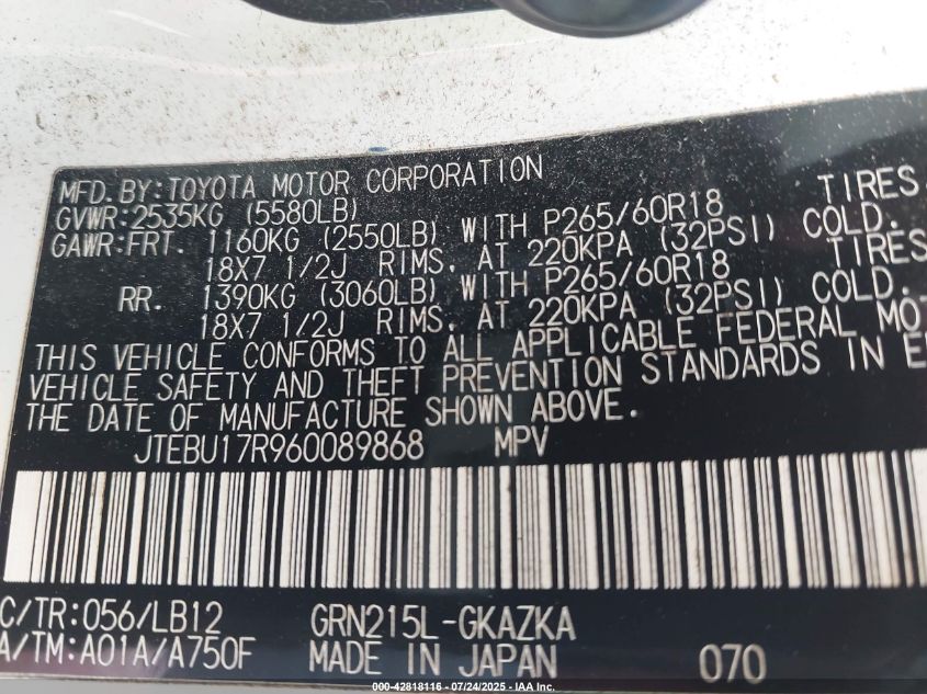 2006 Toyota 4Runner Limited V6 VIN: JTEBU17R960089868 Lot: 42818116