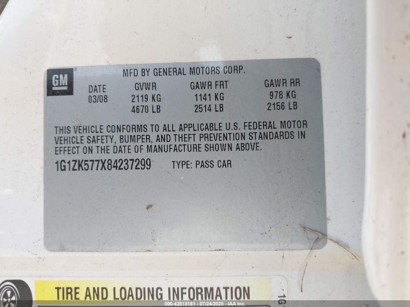 2008 Chevrolet Malibu Ltz VIN: 1G1ZK577X84237299 Lot: 42818181