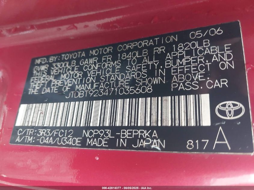 2007 Toyota Yaris VIN: JTDBT923471035608 Lot: 42818377