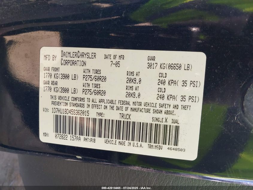 2005 Dodge Ram 1500 Slt/Laramie VIN: 1D7HU18D45S362015 Lot: 42818465