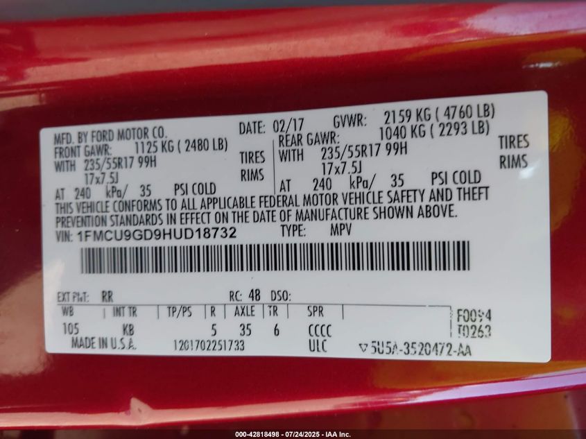 2017 Ford Escape Se VIN: 1FMCU9GD9HUD18732 Lot: 42818498