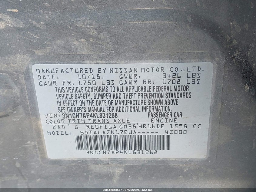 2019 NISSAN VERSA 1.6 S+ - 3N1CN7AP4KL831268