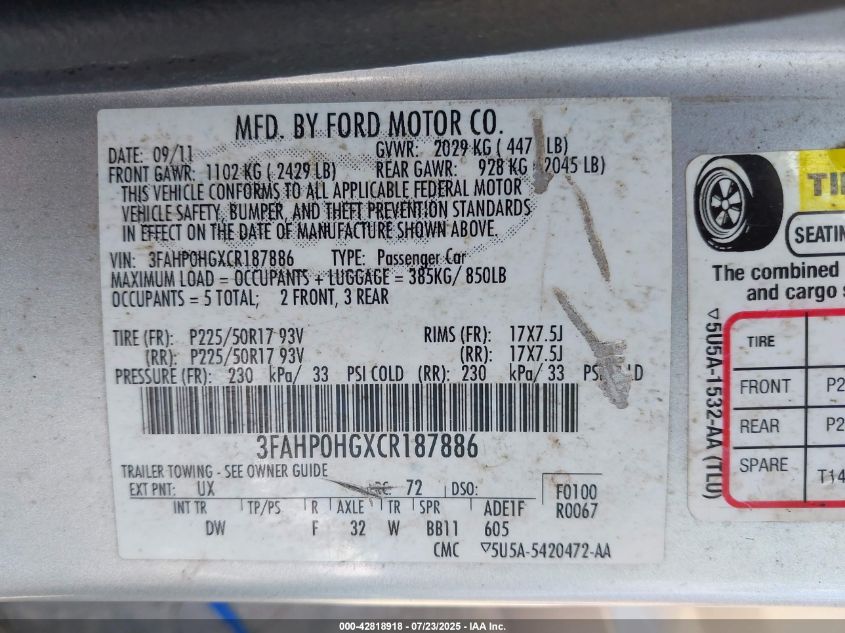 2012 Ford Fusion Se VIN: 3FAHP0HGXCR187886 Lot: 42818918