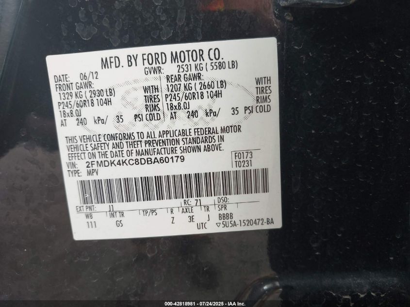 2013 Ford Edge Limited VIN: 2FMDK4KC8DBA60179 Lot: 42818981