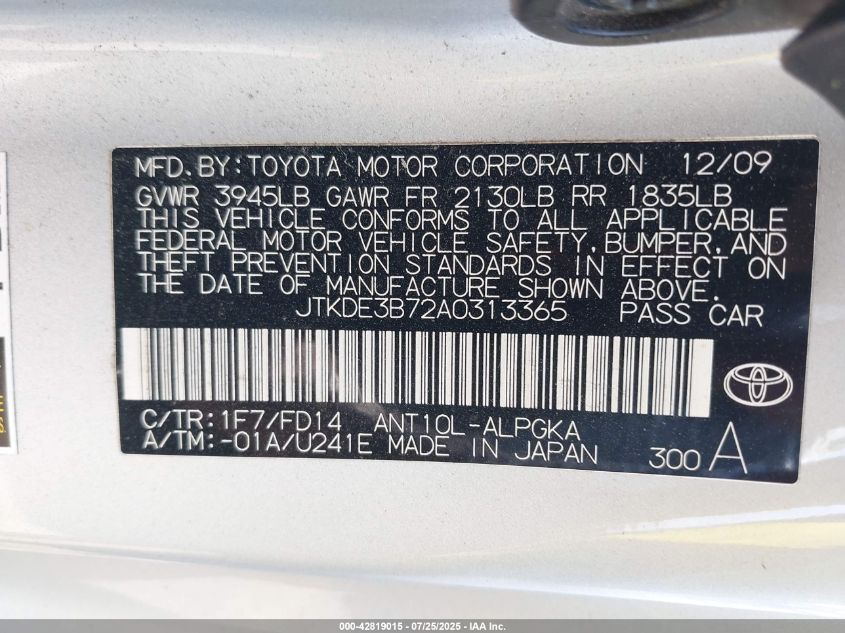 2010 Scion Tc VIN: JTKDE3B72A0313365 Lot: 42819015